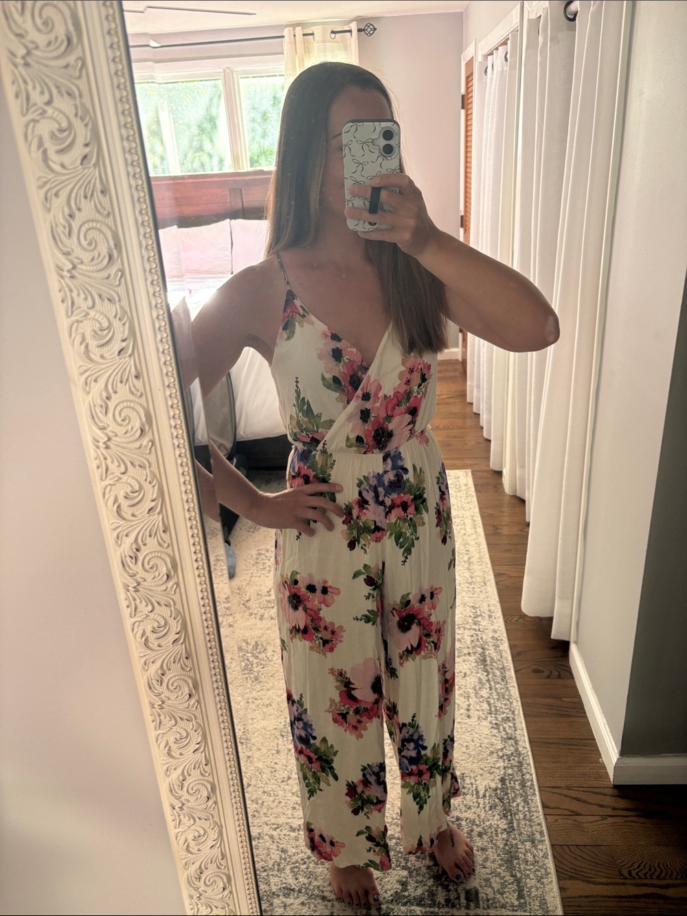 Cream Floral Surplice Wide-Leg Jumpsuit